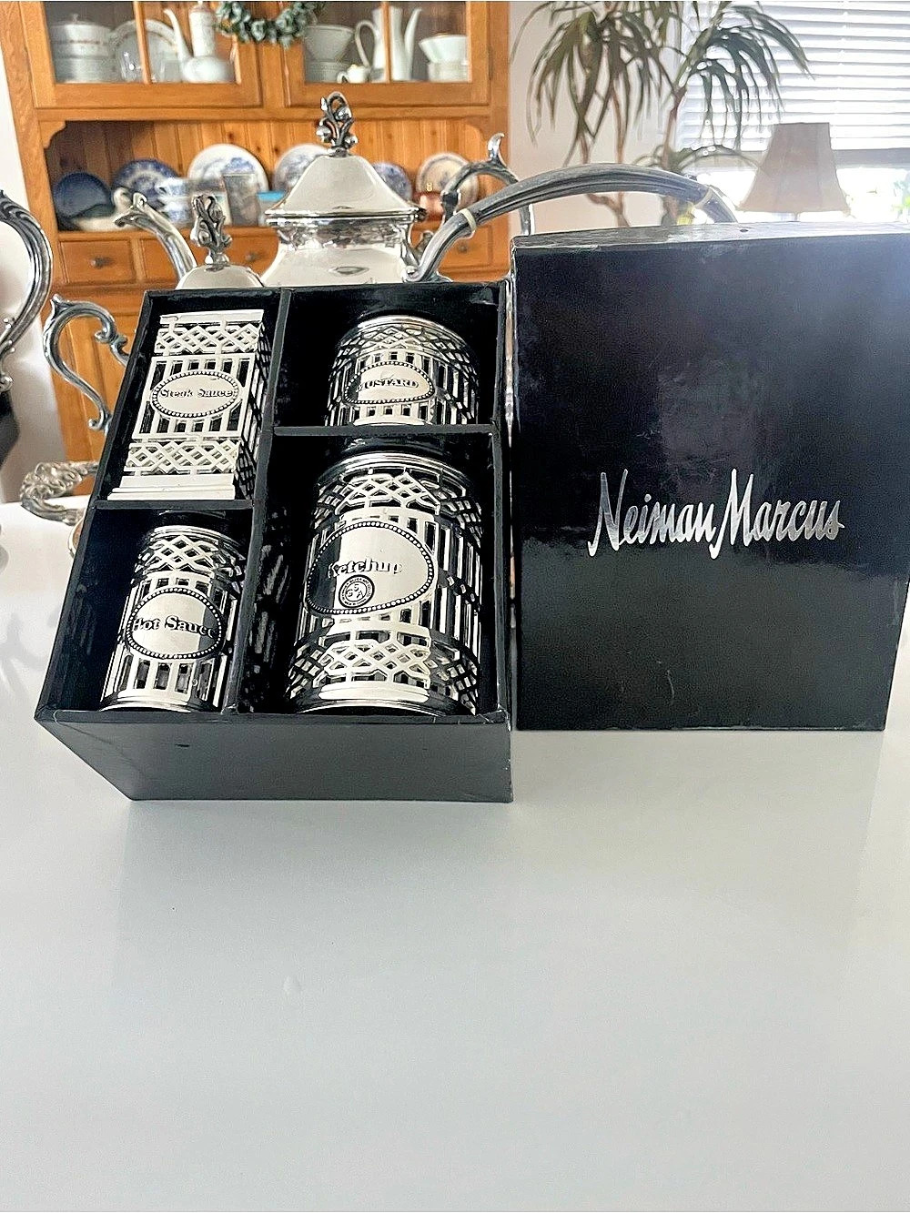 GODINGER Neiman Marcus Set Silver Godinger Ketchup Hot Sayce Steak sauce MUSTARD